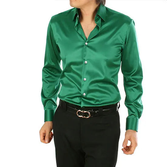2025 Men's Luxury Silky Shirts Long Sleeve Fashion Loose Casual Silk Like Men Dress Shirt Plus size Wedding Party Stage Clothes