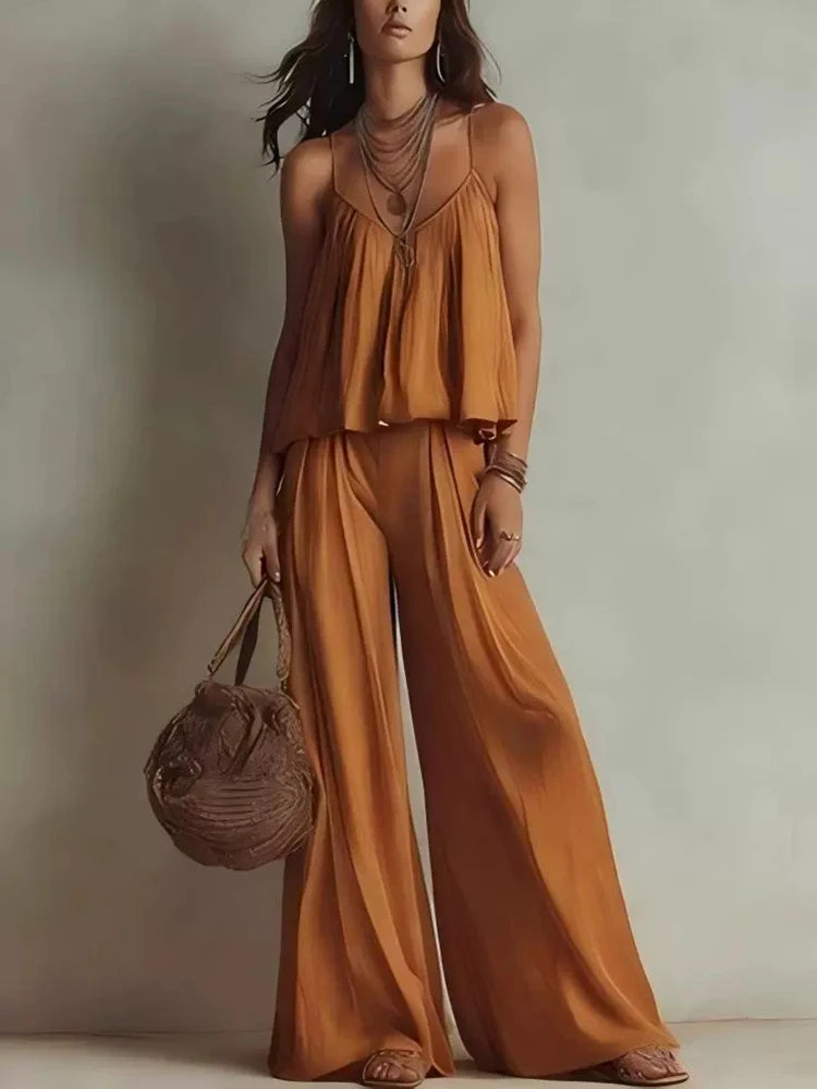 Simple Solid Color Sleeveless Summer Suit Casual Pleated Beach Sets New Women's V-neck Camisole Top with Wide Leg Pants Outfit