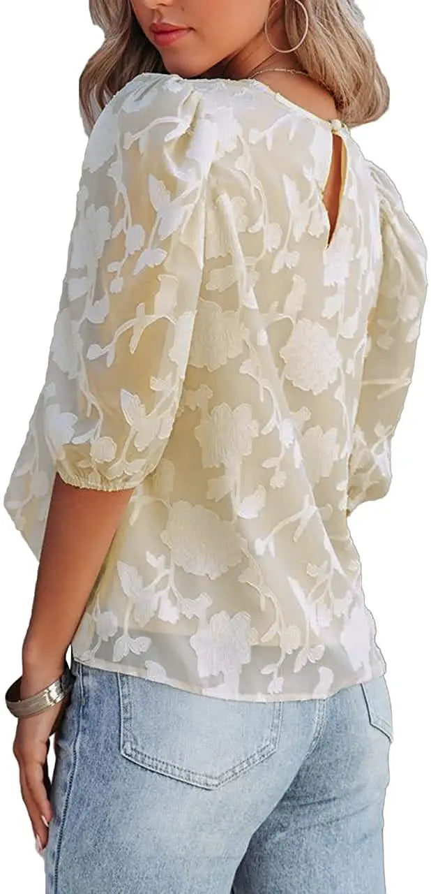 Women Puff Sleeve Chiffon Blouse Floral Lace Trim Loose Fit Tops Elegant Casual Shirt for Women Spring Summer Boho Chic Tunic Te