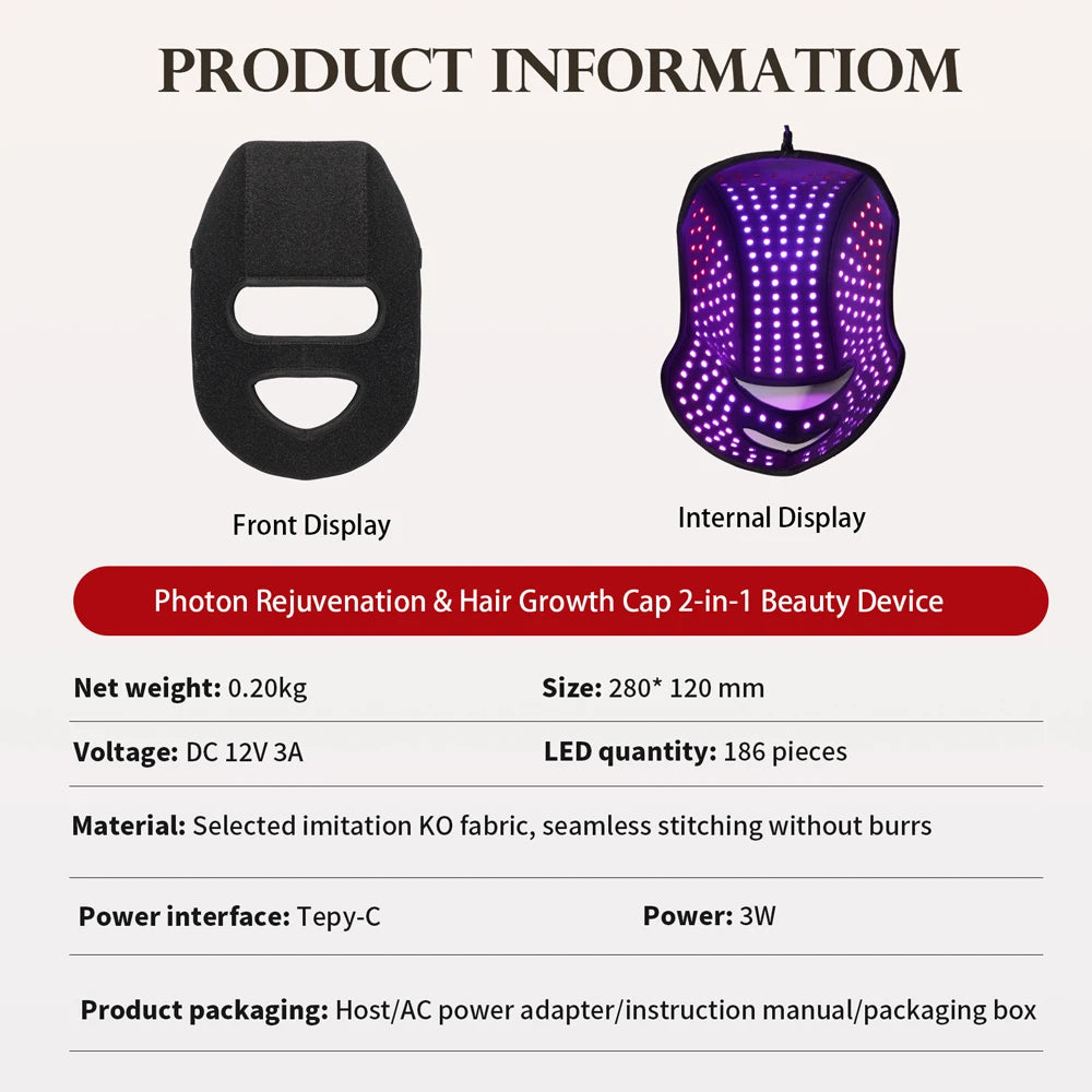 Hair Growth Device LED Face Mask LLLT 4 Colors 660nm 850nm Skin Rejuvenation&Whiten Anti Aging Prevent Hair Loss& Nourish Hair