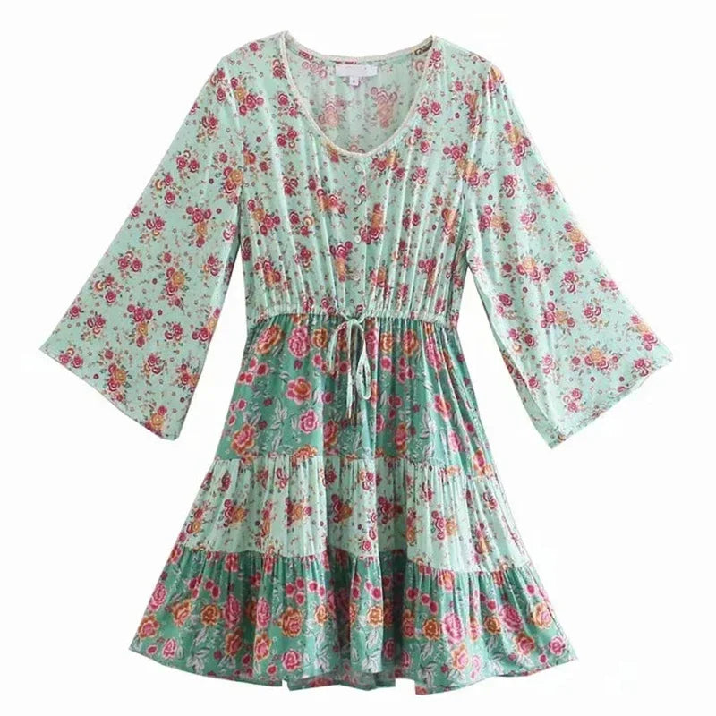 GypsyLady Floral Vintage Mini Dress Pink Holiday Boho Women Dress Flare Sleeve Summer Holiday Ladies Female Sexy Dresses 2021