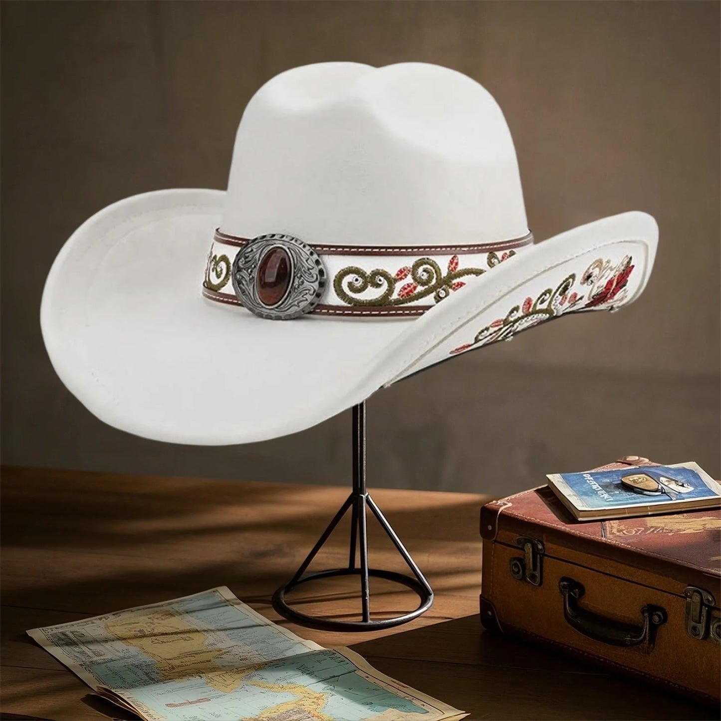 Stylish Vintage Denim Cowboy Hats with Embroidered Roses and Wide Brim for Western Theme Parties and Outdoor Events