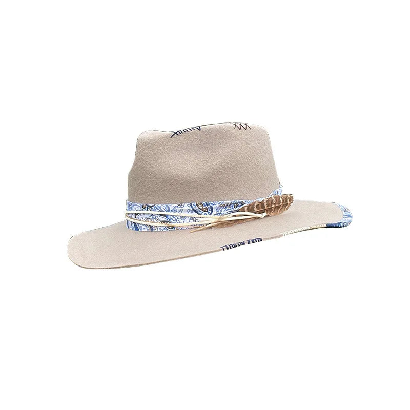 Western Style 100% Wool Fedora Hat | Braided Ribbon & Feather Trim Felted Jazz Cap for Autumn/Winter