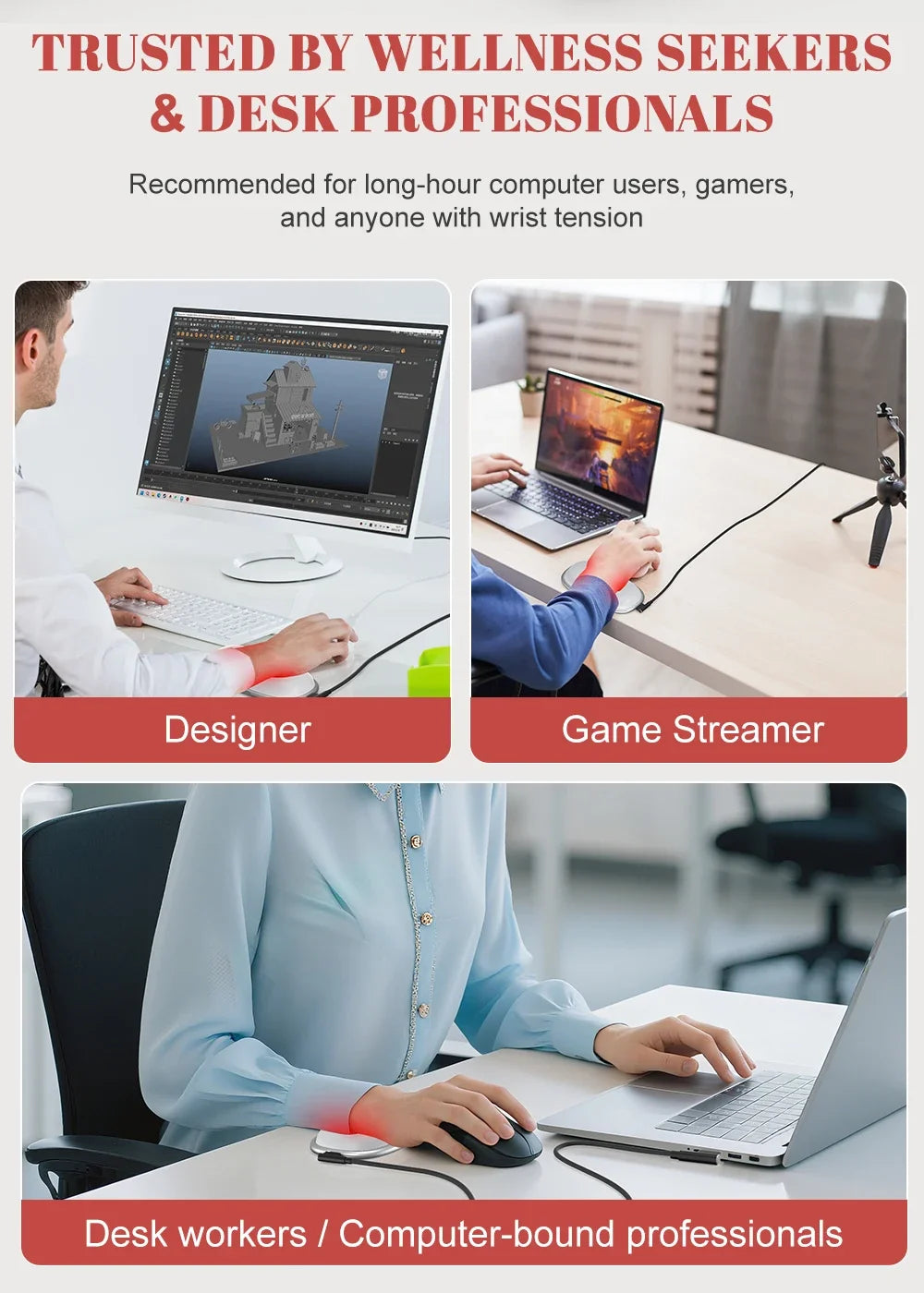 Red Light Therapy Mouse Wrist Rest - 660NM & 850NM Dual Band Infrared Light Relieve Wrist Pain For Tenosynovitis Office Workers