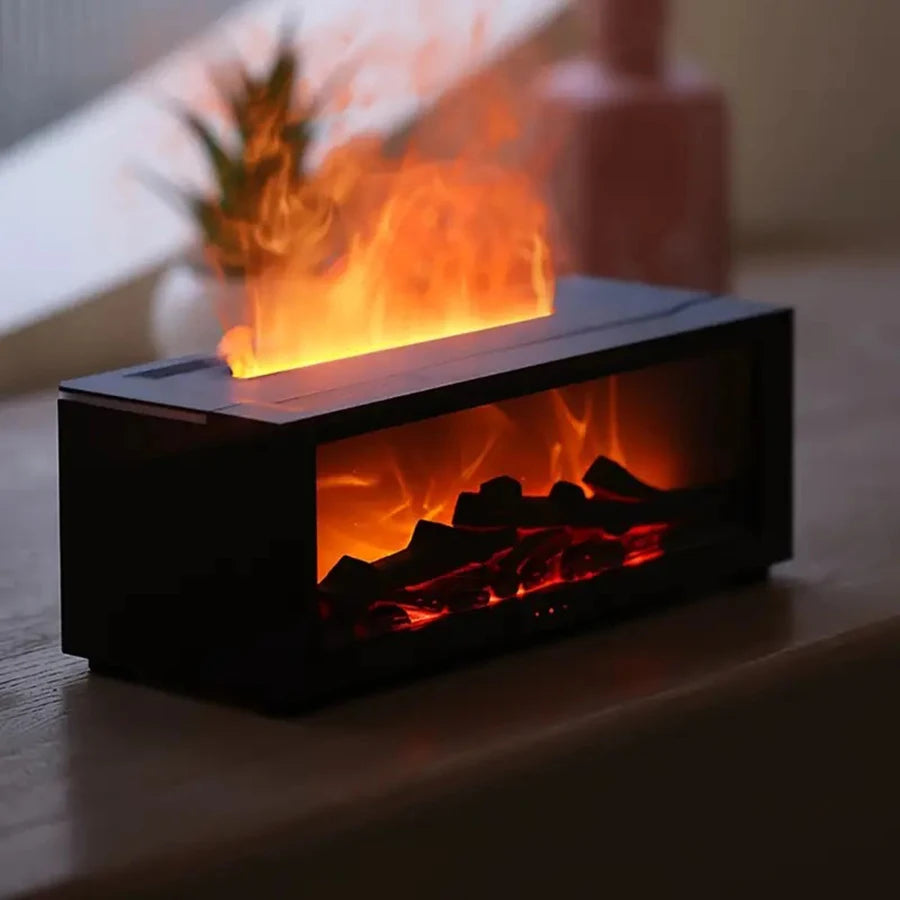 USB-powered fireplace humidifier, aromatherapy diffuser, with remote timer, and automatic shut-off when water runs low