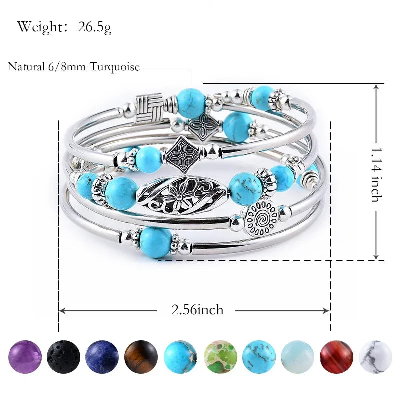 2023 New Natural Turquoise/Tiger Pattern Wrapped Bracelet Multi layered Natural Stone Bead Bracelet for Women and Men's Jewelry
