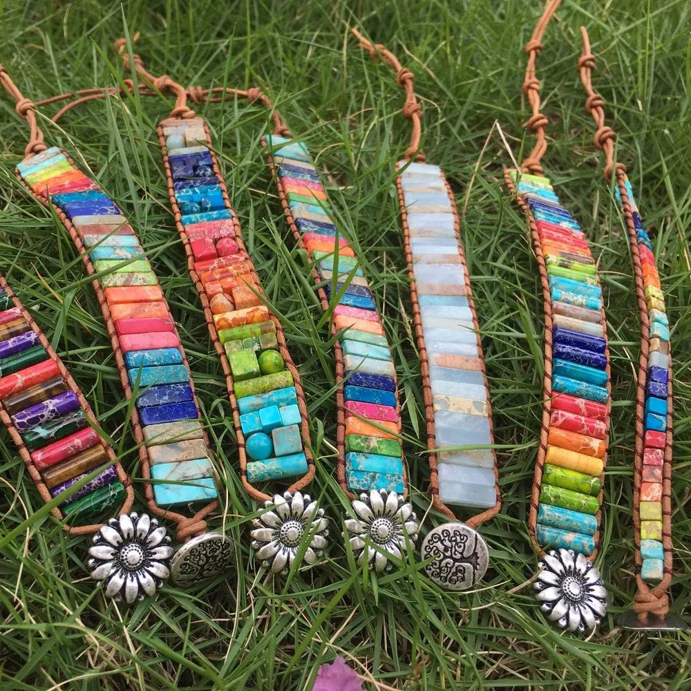 7 Chakra Leather Wrap Bracelet – Real Healing Stones, Boho Jewelry for Women & Men