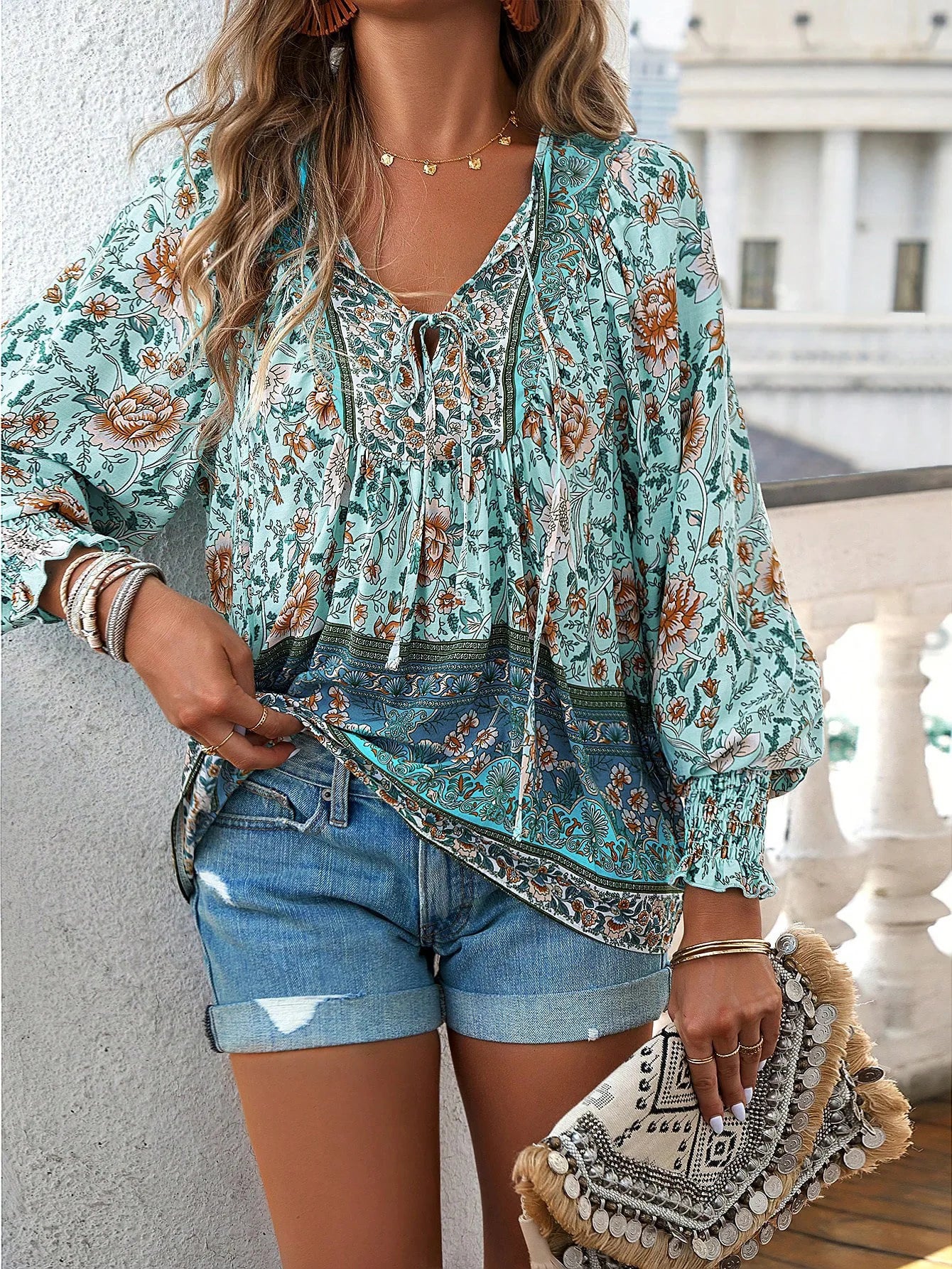 Women Vintage Floral Print Boho Blouse Sexy V Neck Long Sleeve Tops Casual Date Work Party Summer Beach Loose Blouses Shirts
