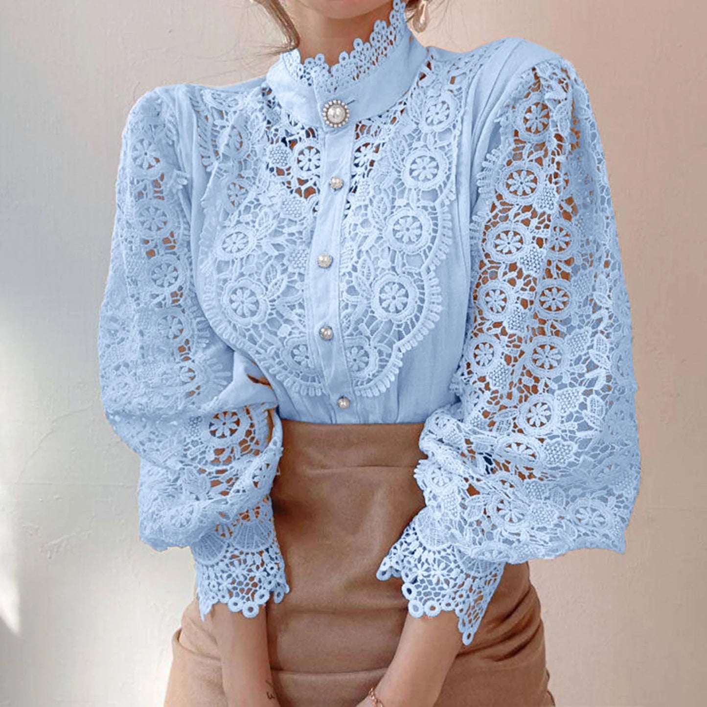 Women Fashion Elegant Lace Shirts Casual Solid Lace Hollow Out Long Sleeve Stand Collar Blouse Ladies Temperament Shirts Tops