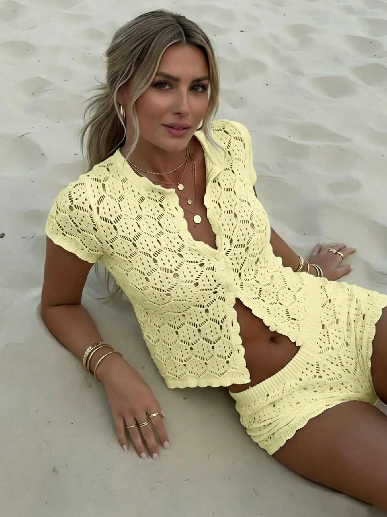 Womens Crochet Hollow Out Two Piece Beach Set Short Sleeve Knit Cover Up And Shorts