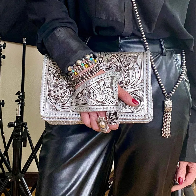 New Retro Pattern Printing Handbags Woman Soft Designer PU Leather Bags Luxury Small Handbags Silver Print Commuter Handbag