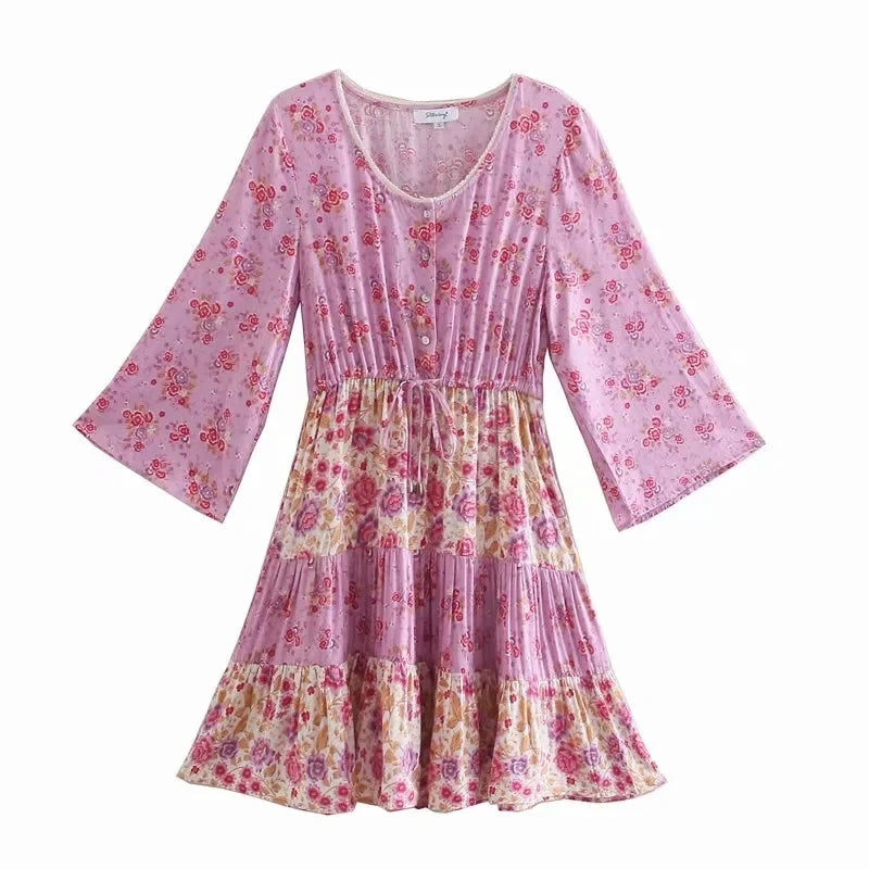 GypsyLady Floral Vintage Mini Dress Pink Holiday Boho Women Dress  Flare Sleeve Summer Holiday Ladies Female Sexy Dresses 2021