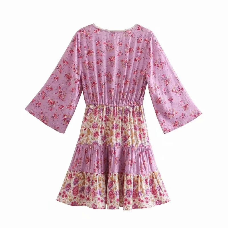 GypsyLady Floral Vintage Mini Dress Pink Holiday Boho Women Dress  Flare Sleeve Summer Holiday Ladies Female Sexy Dresses 2021