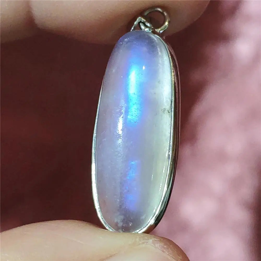 Natural Moonstone Blue Light Pendant Oval Beads Women Men Necklace 925 Silver Moonstone Pendant AAAAAA