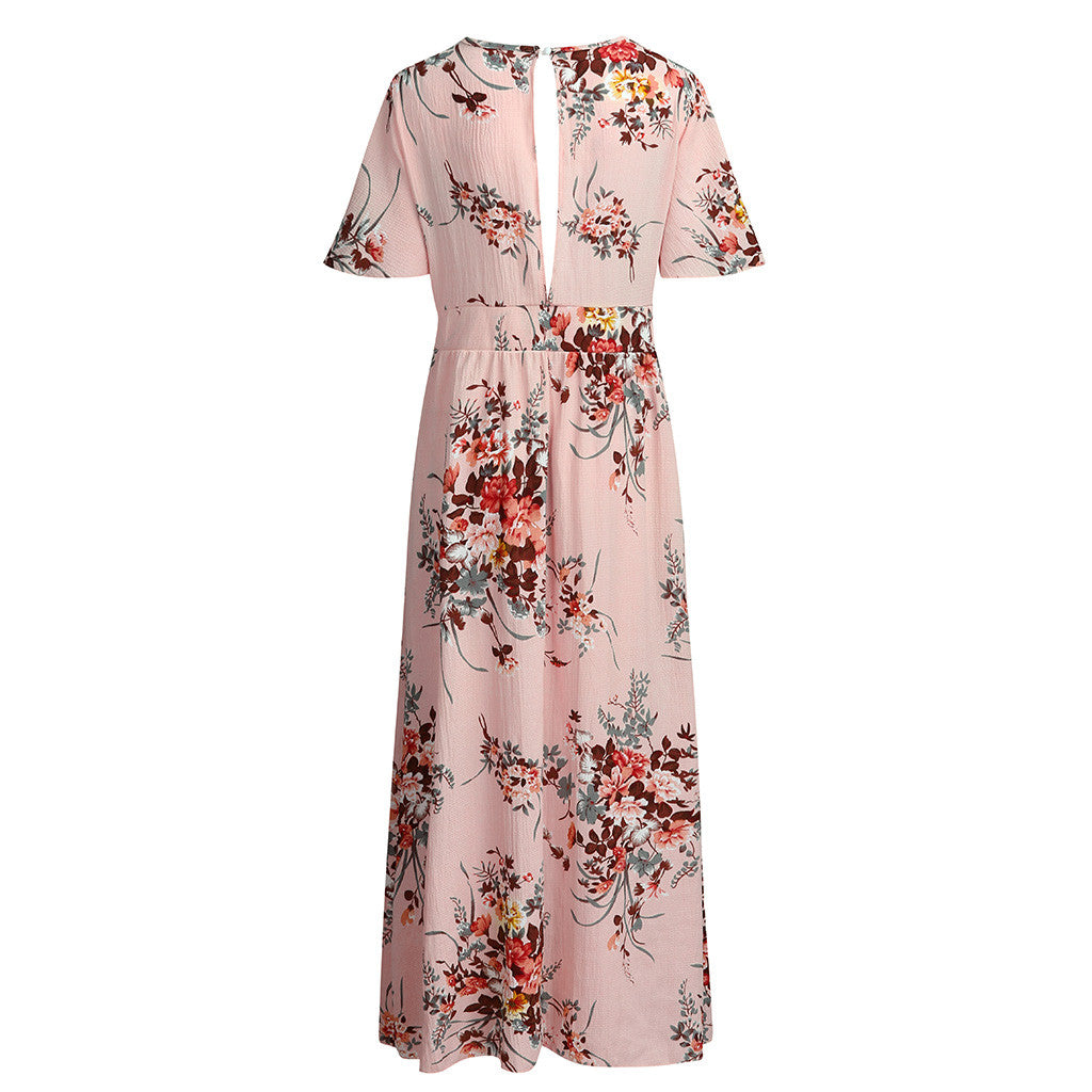 Women Floral Print Long Dress Summer Short Sleeve V Neck Boho Beach Maxi Dress Casual Loose Lady Elegant Vestidos Plus Size 5XL