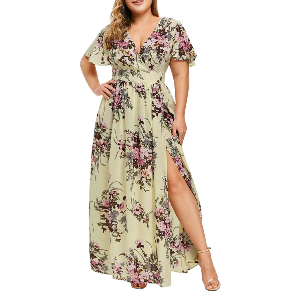 Women Floral Print Long Dress Summer Short Sleeve V Neck Boho Beach Maxi Dress Casual Loose Lady Elegant Vestidos Plus Size 5XL