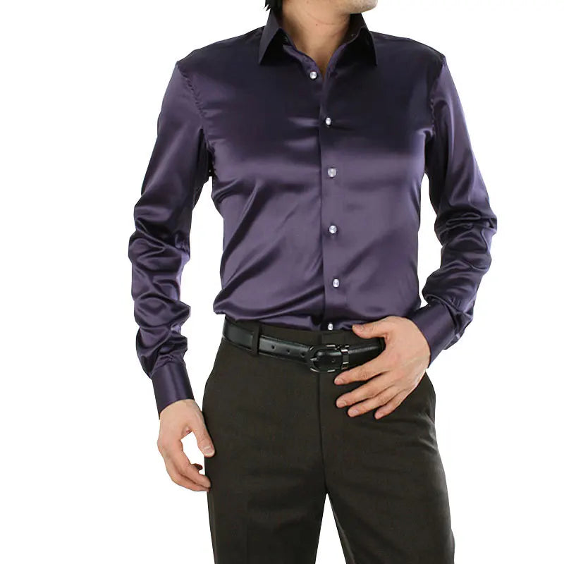 2025 Men's Luxury Silky Shirts Long Sleeve Fashion Loose Casual Silk Like Men Dress Shirt Plus size Wedding Party Stage Clothes