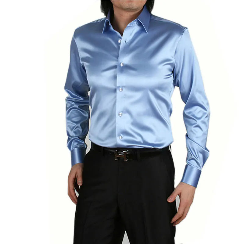 2025 Men's Luxury Silky Shirts Long Sleeve Fashion Loose Casual Silk Like Men Dress Shirt Plus size Wedding Party Stage Clothes