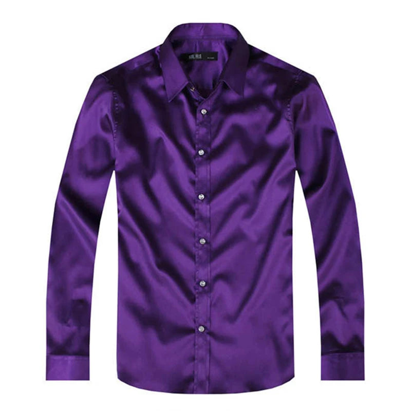 2025 Men's Luxury Silky Shirts Long Sleeve Fashion Loose Casual Silk Like Men Dress Shirt Plus size Wedding Party Stage Clothes