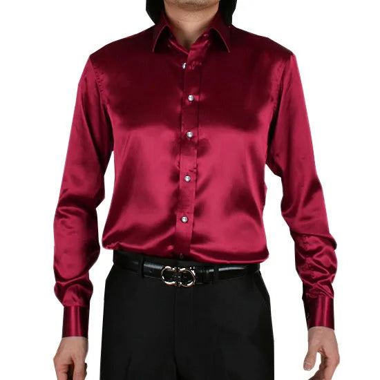 2025 Men's Luxury Silky Shirts Long Sleeve Fashion Loose Casual Silk Like Men Dress Shirt Plus size Wedding Party Stage Clothes