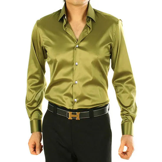 2025 Men's Luxury Silky Shirts Long Sleeve Fashion Loose Casual Silk Like Men Dress Shirt Plus size Wedding Party Stage Clothes