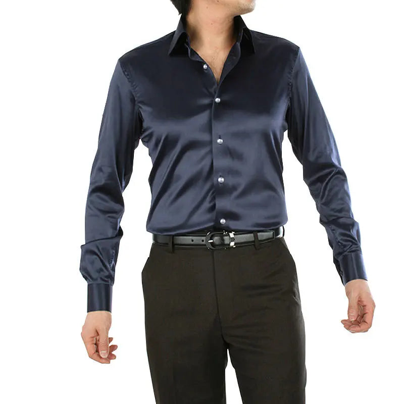 2025 Men's Luxury Silky Shirts Long Sleeve Fashion Loose Casual Silk Like Men Dress Shirt Plus size Wedding Party Stage Clothes