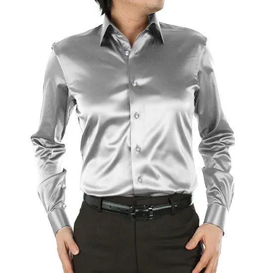 2025 Men's Luxury Silky Shirts Long Sleeve Fashion Loose Casual Silk Like Men Dress Shirt Plus size Wedding Party Stage Clothes