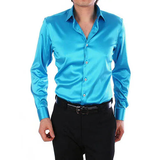 2025 Men's Luxury Silky Shirts Long Sleeve Fashion Loose Casual Silk Like Men Dress Shirt Plus size Wedding Party Stage Clothes