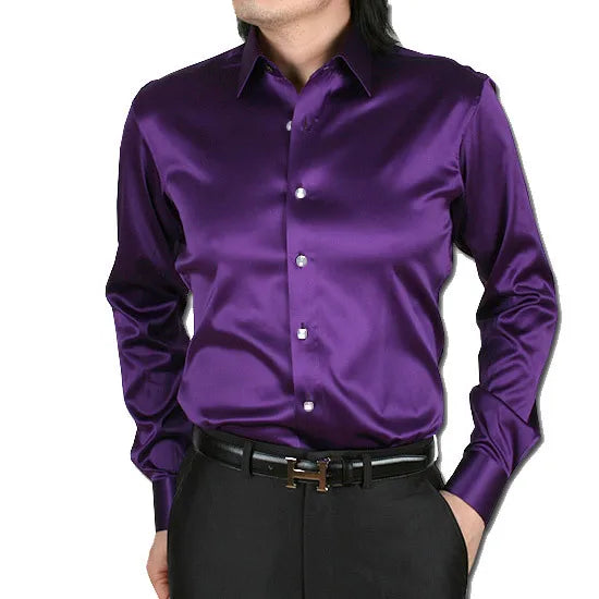 2025 Men's Luxury Silky Shirts Long Sleeve Fashion Loose Casual Silk Like Men Dress Shirt Plus size Wedding Party Stage Clothes