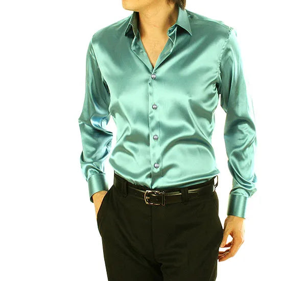 2025 Men's Luxury Silky Shirts Long Sleeve Fashion Loose Casual Silk Like Men Dress Shirt Plus size Wedding Party Stage Clothes
