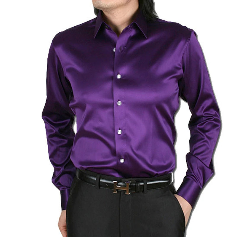 2025 Men's Luxury Silky Shirts Long Sleeve Fashion Loose Casual Silk Like Men Dress Shirt Plus size Wedding Party Stage Clothes