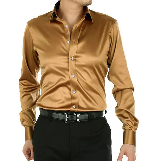 2025 Men's Luxury Silky Shirts Long Sleeve Fashion Loose Casual Silk Like Men Dress Shirt Plus size Wedding Party Stage Clothes