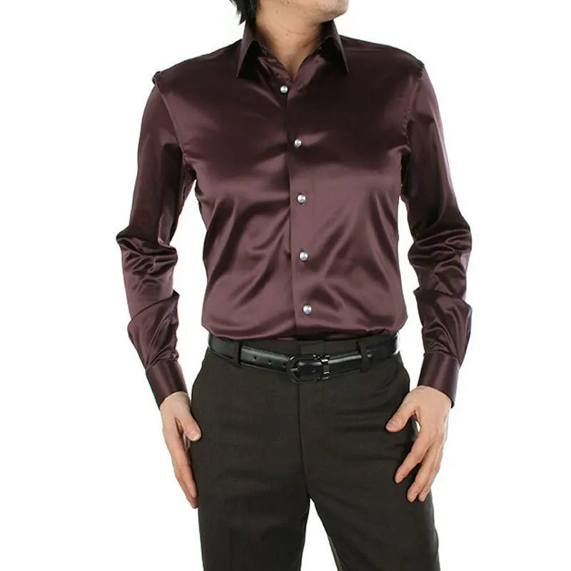 2025 Men's Luxury Silky Shirts Long Sleeve Fashion Loose Casual Silk Like Men Dress Shirt Plus size Wedding Party Stage Clothes