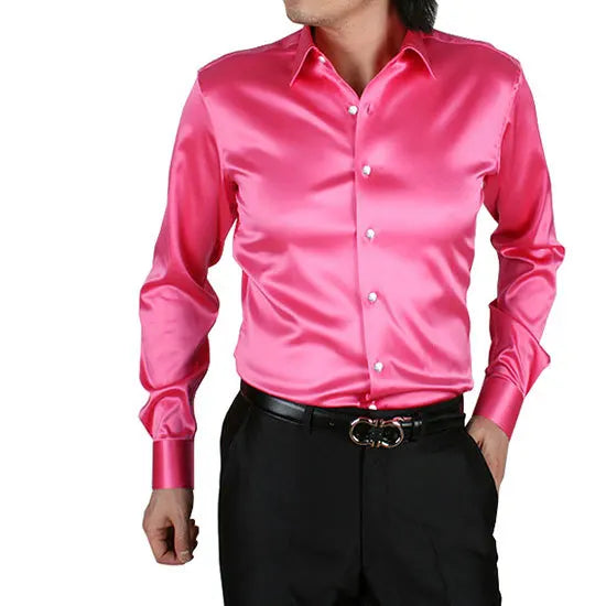 2025 Men's Luxury Silky Shirts Long Sleeve Fashion Loose Casual Silk Like Men Dress Shirt Plus size Wedding Party Stage Clothes
