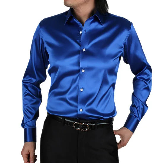 2025 Men's Luxury Silky Shirts Long Sleeve Fashion Loose Casual Silk Like Men Dress Shirt Plus size Wedding Party Stage Clothes