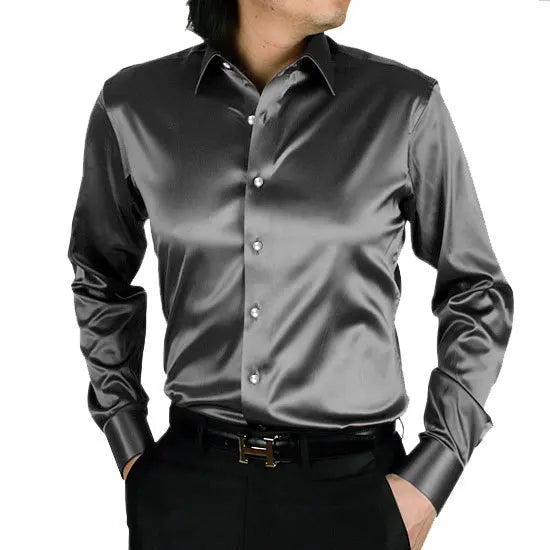 2025 Men's Luxury Silky Shirts Long Sleeve Fashion Loose Casual Silk Like Men Dress Shirt Plus size Wedding Party Stage Clothes