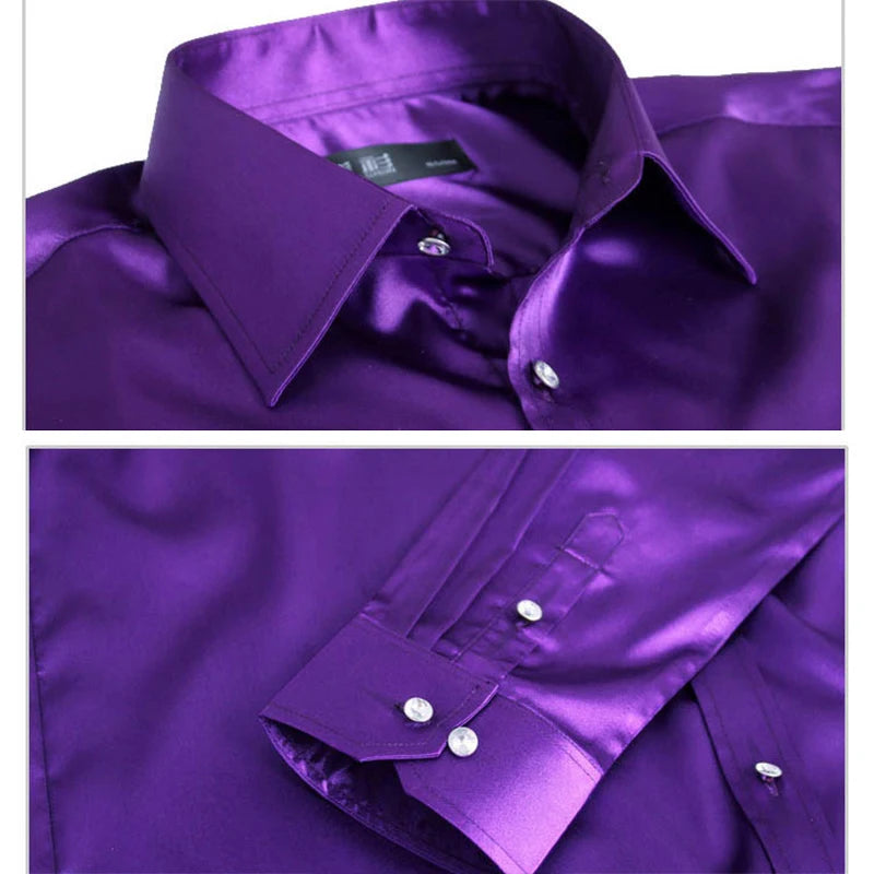2025 Men's Luxury Silky Shirts Long Sleeve Fashion Loose Casual Silk Like Men Dress Shirt Plus size Wedding Party Stage Clothes