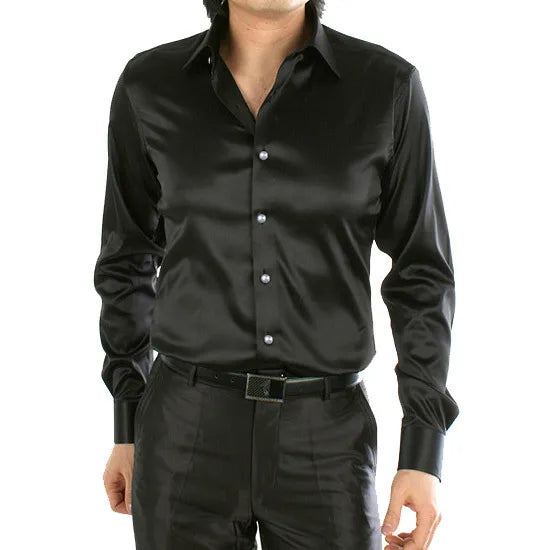 2025 Men's Luxury Silky Shirts Long Sleeve Fashion Loose Casual Silk Like Men Dress Shirt Plus size Wedding Party Stage Clothes