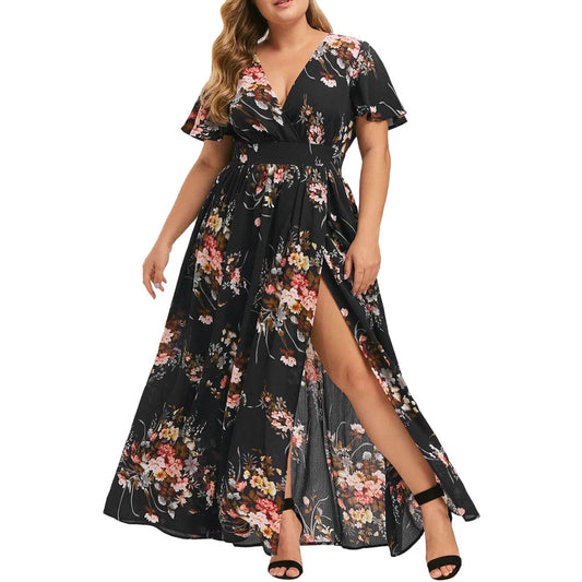 Women Floral Print Long Dress Summer Short Sleeve V Neck Boho Beach Maxi Dress Casual Loose Lady Elegant Vestidos Plus Size 5XL