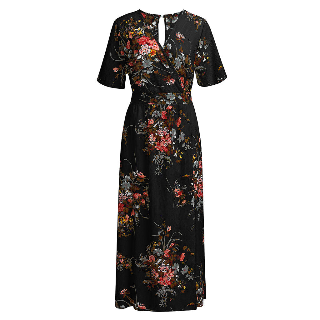 Women Floral Print Long Dress Summer Short Sleeve V Neck Boho Beach Maxi Dress Casual Loose Lady Elegant Vestidos Plus Size 5XL