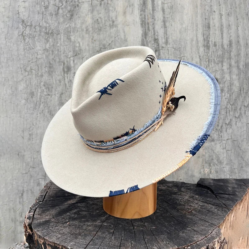 Western Style 100% Wool Fedora Hat | Braided Ribbon & Feather Trim Felted Jazz Cap for Autumn/Winter