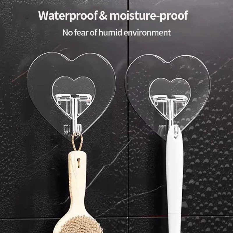 Heart Shape Transparent Hooks Non Punching Plastic Love Hangers Holder Self Adhesive Key Towel Multi-Purpose Hooks Storage Rack