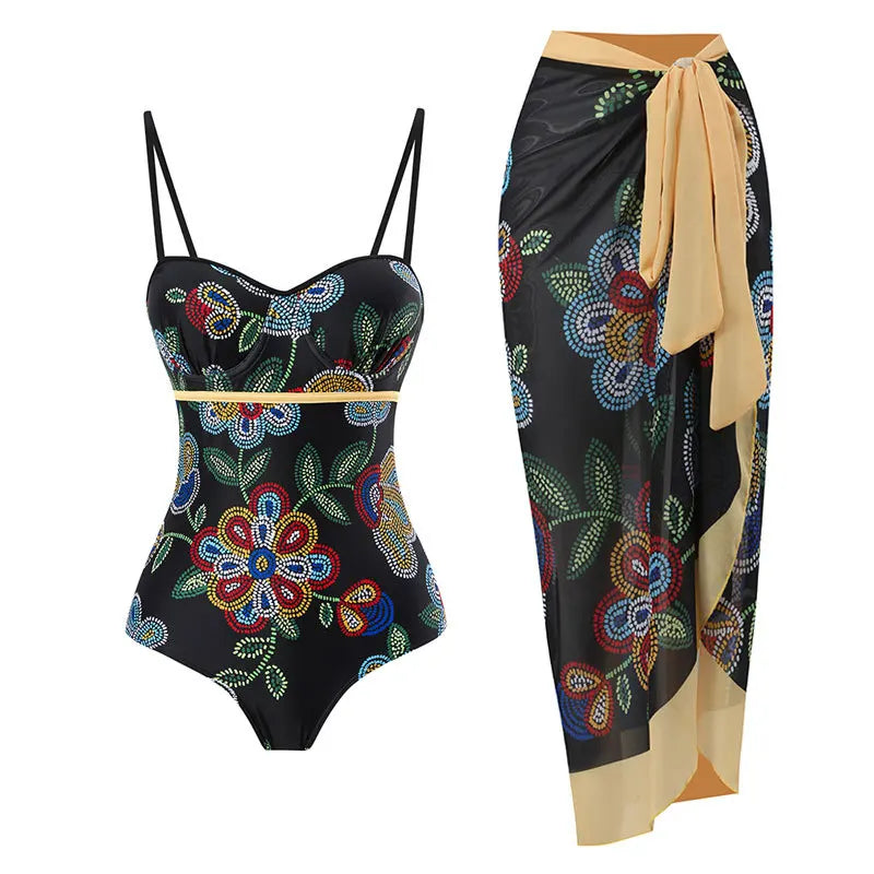 2 Pieces Retro Printed Swimsuit With Cover Up Sexy Women Swimwear 2025 V Neck Bikinis Female Biquini 3XL Bodysuit Beachwear