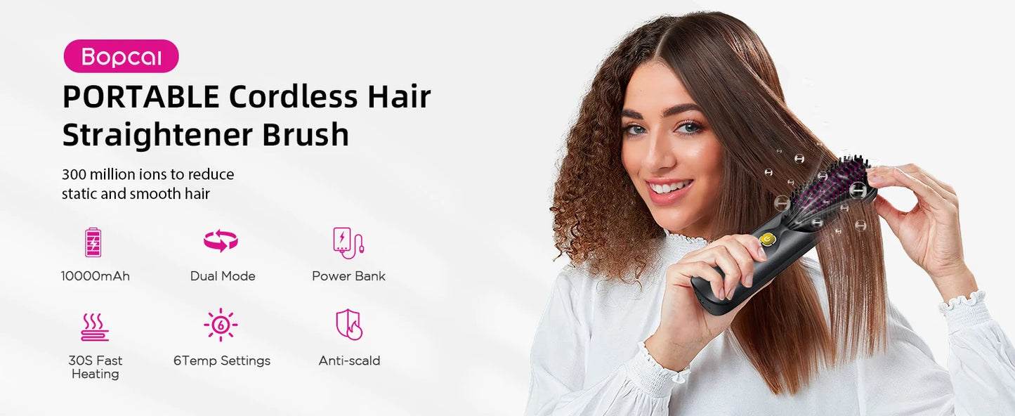 Cordless Hair Straightener Portable Brush 30s Fast Heating 10000mAh Rechargeable 300 Million Negative Ions Straightening Comb