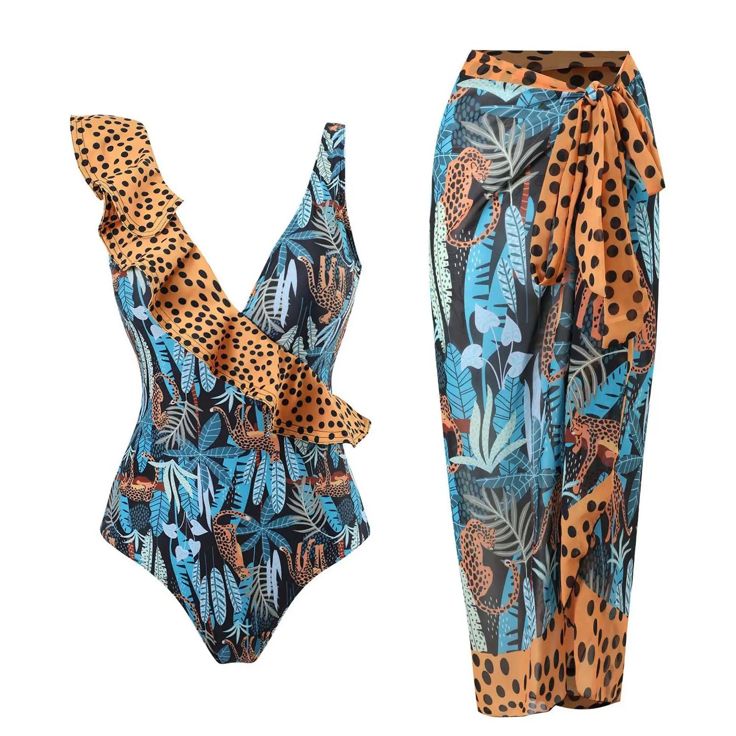 2 Pieces Retro Printed Swimsuit With Cover Up Sexy Women Swimwear 2025 V Neck Bikinis Female Biquini 3XL Bodysuit Beachwear