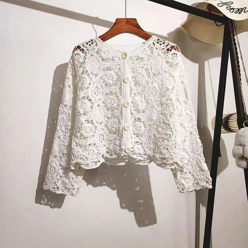 Retro Hook Flower Hollow Out Tops Fashion Long Sleeve Embroidery Cardigan Shirt Sweet Women Blouse