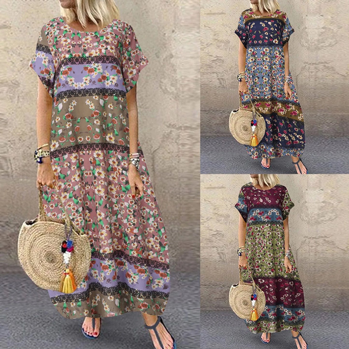 Bohemian Printed Maxi Dresses Women Loose Casual Holiday Short T Shirt Dress Summer Beach Vacation Dresses For Women Robe Femme