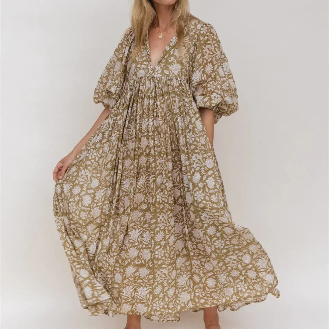 Women Floral Maxi Dress Y2k Boho Printed 3/4 Lantern Sleeve V Neck Dress Holiday Beach Loose Swing Sundress Party Clubwear