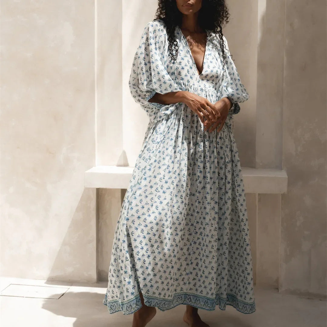 Women Floral Maxi Dress Y2k Boho Printed 3/4 Lantern Sleeve V Neck Dress Holiday Beach Loose Swing Sundress Party Clubwear