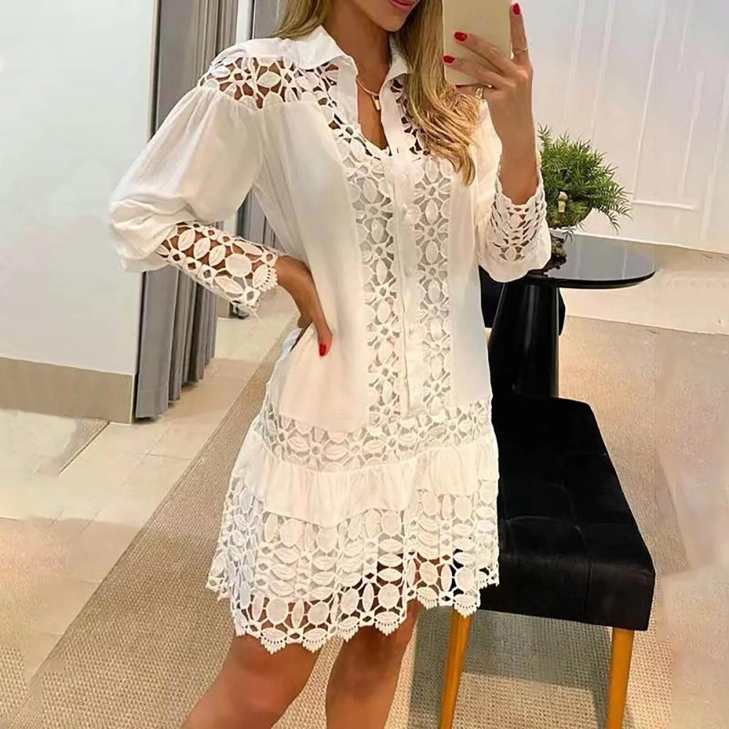 Casual Lapel Women's Shirt Dress Vestido Summer Lace Crochet  Hollowed Out Long Sleeve Party Dress Elegant Lady Plus Size Dress